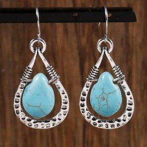 925 Silver Plated Boho Blue Turquoise Water Drop Hook Earrings - NEW
